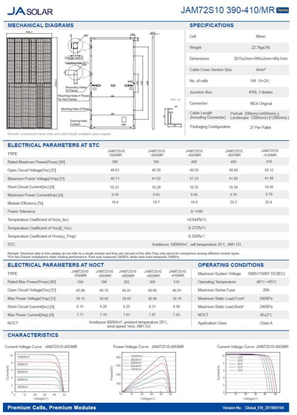 JA Solar Percium 405W Monocrystalline Solar Panel (Part No. JAM72S-10-405-MR) - Image 3