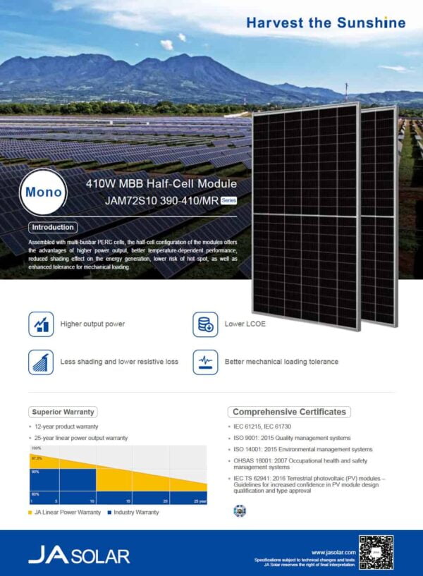 JA Solar Percium 405W Monocrystalline Solar Panel (Part No. JAM72S-10-405-MR) - Image 2