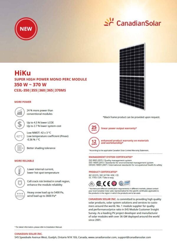 Canadian Solar 325W SUPER HIGH Power Monocrystalline Solar Panels (Part No. CS3K-325MS) - Image 2