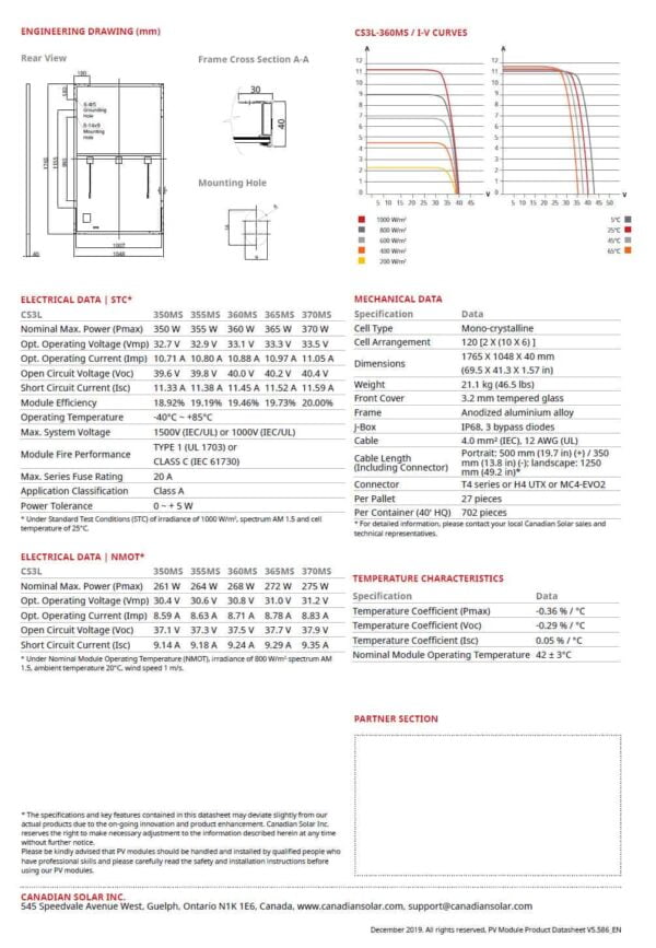 Canadian Solar 325W SUPER HIGH Power Monocrystalline Solar Panels (Part No. CS3K-325MS) - Image 3