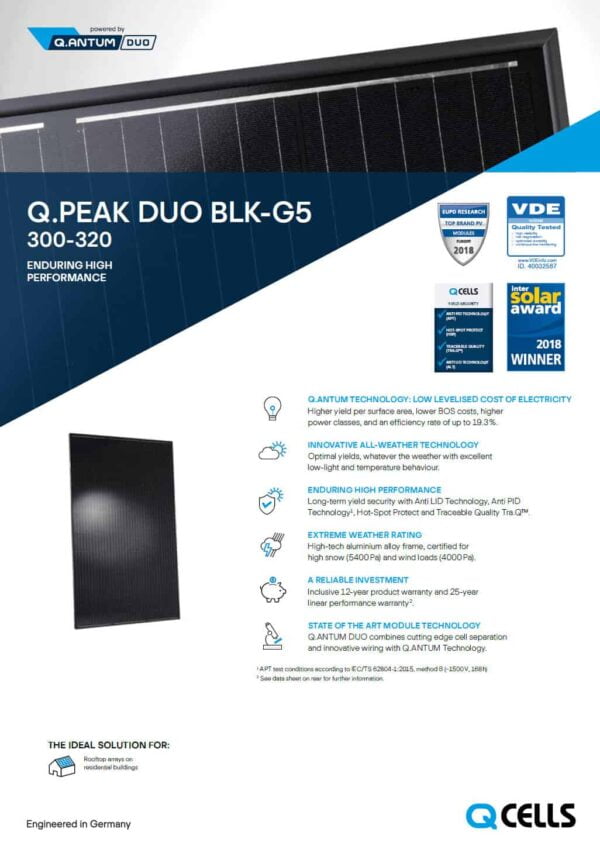 QCELLS 315W Monocrystalline All Black Solar Panel (Part No. Q.Peak-BLK-G5-315) - Image 2